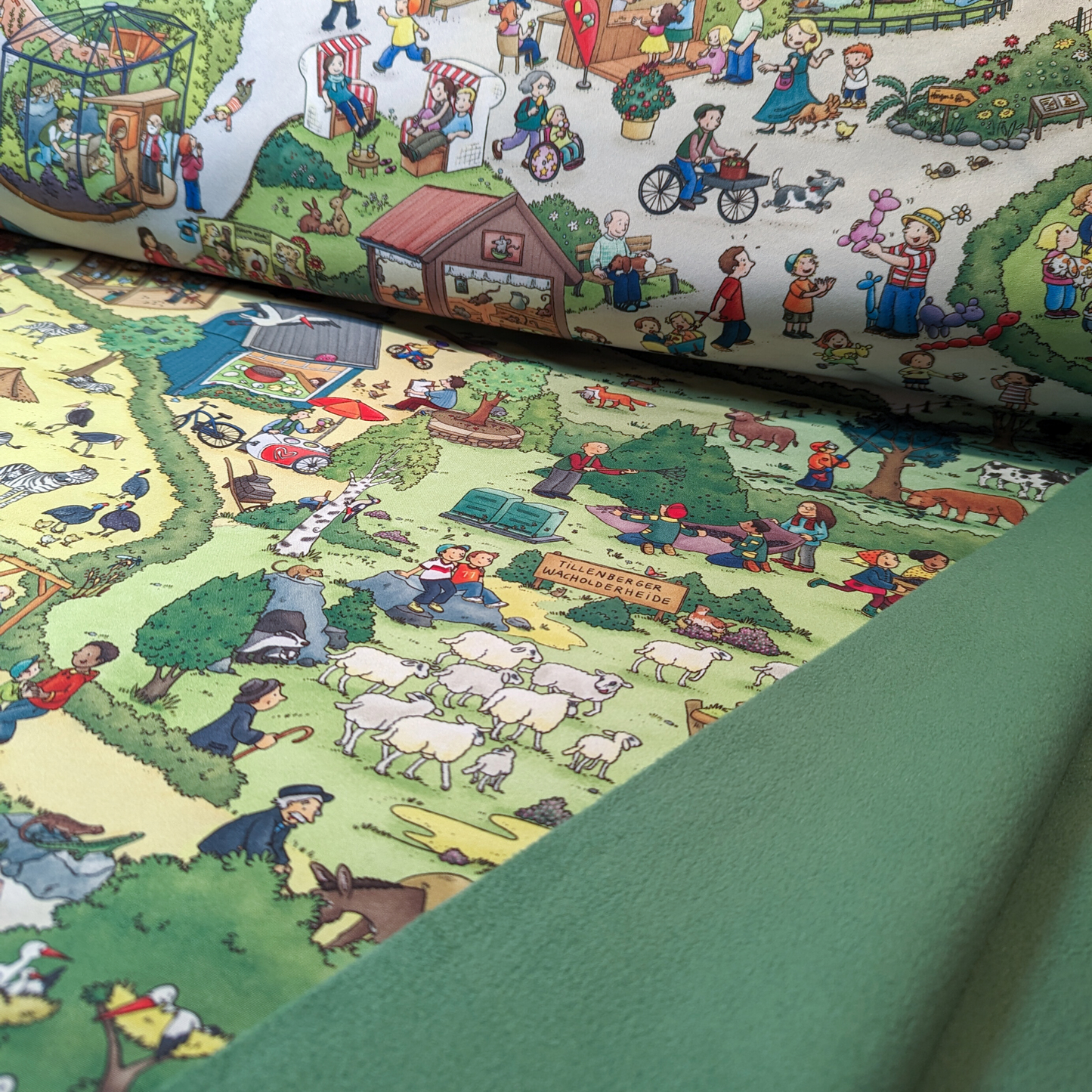 Softshell Stoff Kinder: Zoo Wimmelbild Panel // farbenfrohe Softshell Meterware (25cm)