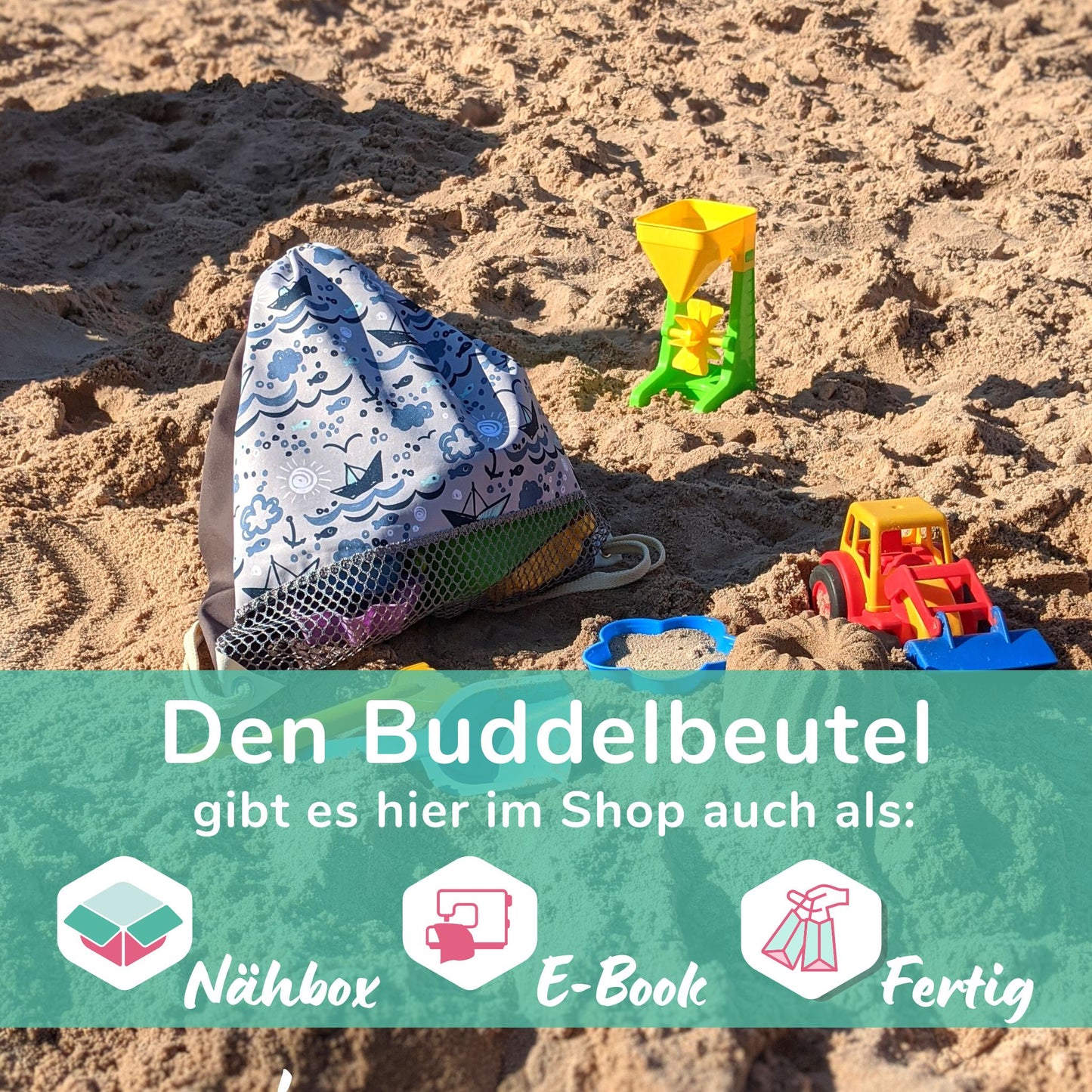 Großer Buddelbeutel: Turnbeutel nähen als Tasche für Sandspielzeug