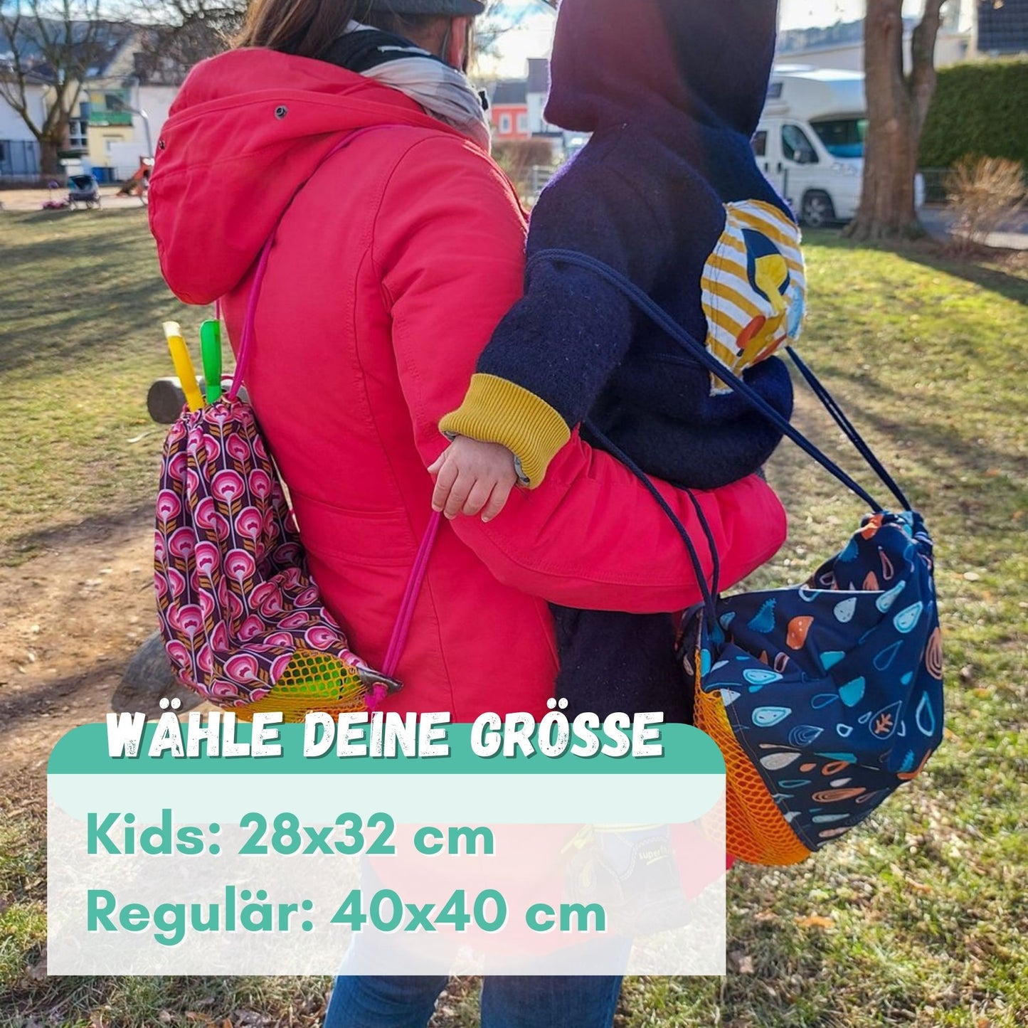 Kleine Netztasche für Sandspielzeug Aufbewahrung. Größeninformtation