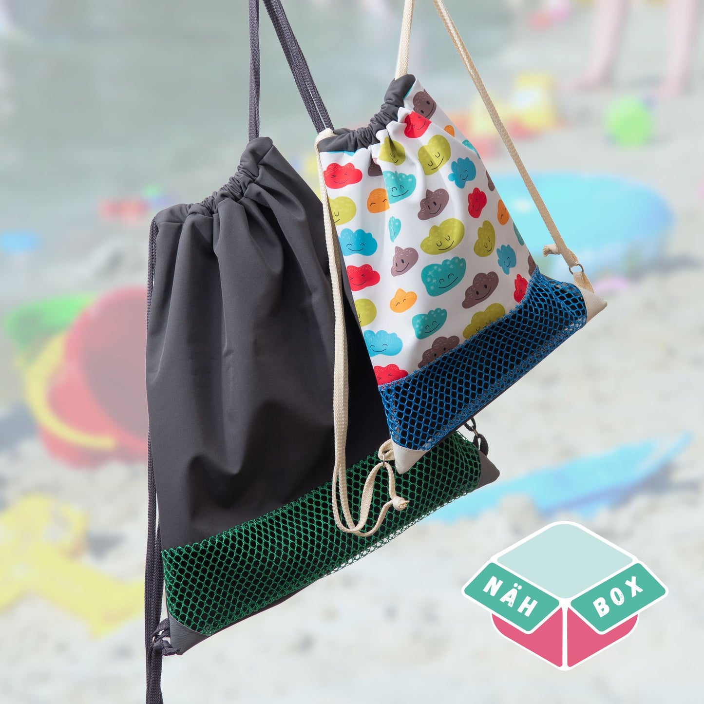 Buddelbeutel Naehset, der Große Turnbeutel mit Netzeinsatz als raffinierte Sandkasten-Spielzeug Tasche nähen