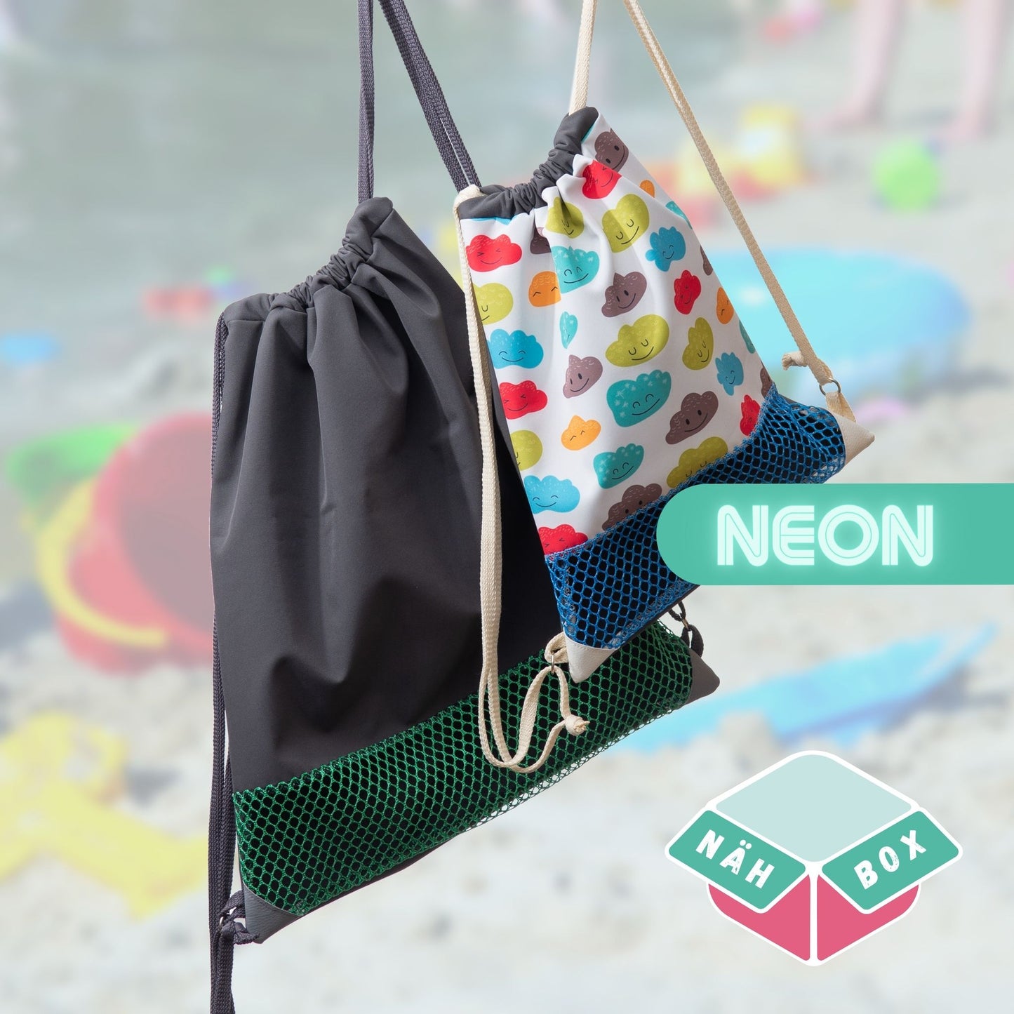 Großer Buddelbeutel: NEON Turnbeutel nähen als Tasche für Sandspielzeug