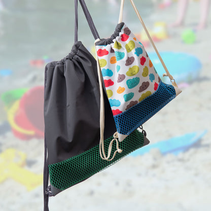 Buddelbeutel, der Große Turnbeutel mit Netzeinsatz als raffinierte Sandkasten-Spielzeug Tasche